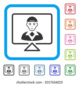Positive Video Connection vector pictograph. Human face has cheerful mood. Black, gray, green, blue, red, pink color variants of video connection symbol in a rounded square. A man in a cap.