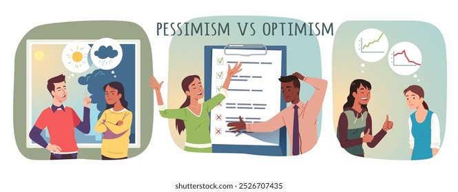 Pessoas com pensamento positivo versus negativo. Felizes otimistas, tristes pessimistas, esperando o bem ou o mal, celebrando o sucesso, preocupam-se com o fracasso. Otimismo, pessimismo planejamento conceito vetor ilustração conjunto