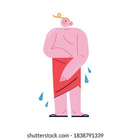 Positive wet man in standing with towel on heaps after swimming in pool