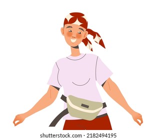 Positive Woman Character In Bandana With Smiling Face Feeling Euphoric And In High Spirits Vector Illustration