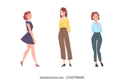 Positive Woman Character Standing With Smiling Face Feeling Euphoric And In High Spirits Vector Set