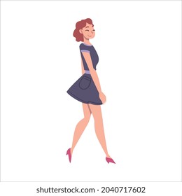 Positive Woman Character Walking with Smiling Face Feeling Euphoric and in High Spirits Vector Illustration