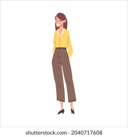 Positive Woman Character in Yellow Blouse Standing with Smiling Face Feeling Euphoric and in High Spirits Vector Illustration