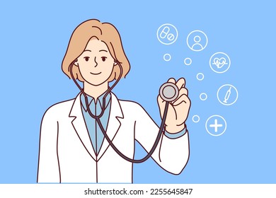 Positive woman doctor puts stethoscope to camera wanting to help patient in getting rid of diseases. Girl clinic employee for health care or medical insurance concept. Flat vector illustration