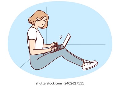 Positive woman freelancer sitting on floor near wall with laptop on lap. girl works remotely in comfortable environment performing instructions of manager via Internet. Flat vector illustration