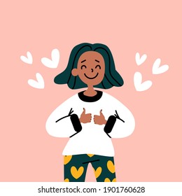 Positive woman with hearts, ok gesture. Vector stock hand drawn illustration. Love yourself, self care, love your body, happiness, confidence concept. Card: self support, believe. Pastel cute design