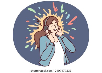 Positive woman meloman listening to music with headphones enjoying favorite pop or rock track. Joyful girl presses earphones to ears and smiles after hearing song from playlist. Flat vector image