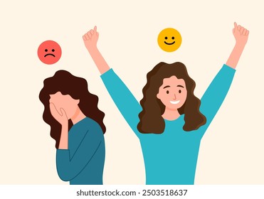 Positive woman raises hands up and rejoices having got rid of bad emotions and depression mood. Concept of mood swings or split personality.