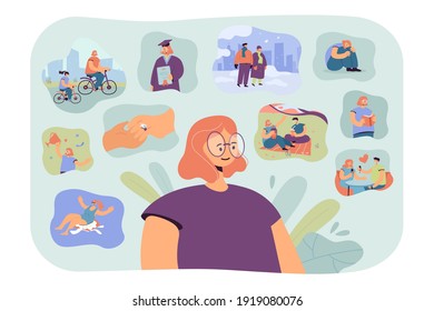 Positive woman remembering happy scenes of her life. Person thinking over her graduation, engagement, win, vacation and other important life memories from past. For psychology, personality concept