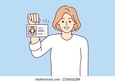 Positive woman shows badge with photo of personal data issued for use in office of corporation. Casual girl with smile and pride demonstrates document to employee company. Flat vector illustration