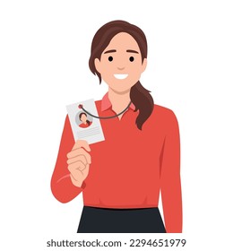 Positive woman shows badge with photo of personal data issued for use in office of corporation. Casual girl with smile and pride demonstrates document to employee company. Flat vector illustration