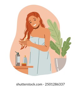 Positive woman spreading lotion on red hair after shower flat color vector illustration. Lady taking care of herself in home bathroom concept icon on white