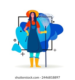 Positive woman working in garden. Gardener wearing hat and apron, holding rake flat vector illustration. Gardening, outdoor activity, hobby concept for banner, website design or landing web page