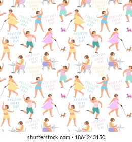 Positive women play sports, lead an active lifestyle and enjoy. Vector. Seamless pattern.