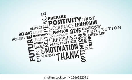 Positive Word Cloud In Grey Text Over Smooth Green Background