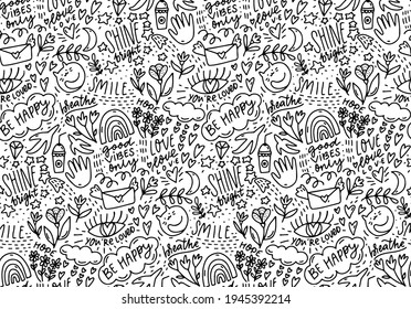 Positive words doodle pattern, lots of hand drawn elements and sayings. Smile, be happy, shine - handwriting text background. Coloring page, cafe wall art texture. Vector line seamless illustration.