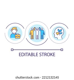 Positive work environment loop concept icon. Mental health of employees abstract idea thin line illustration. Workforce wellness and rights. Isolated outline drawing. Editable stroke. Arial font used