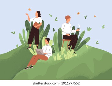 Positive working environment with happy employees concept. Comfortable workplace with good conditions, conducive psychological climate and healthy relations between workers. Flat vector illustration.