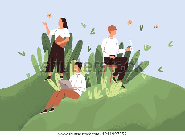 Positive working environment with happy\
employees concept. Comfortable workplace with good conditions,\
conducive psychological climate and healthy relations between\
workers. Flat vector\
illustration.