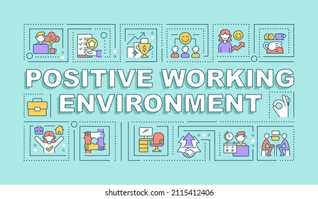 Positive working environment word concepts mint banner. Boosting performance. Infographics with icons on color background. Isolated typography. Vector illustration with text. Arial-Black font used