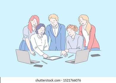 Positive workplace environment, business meeting concept. Coworkers discussing company project with laptops, colleagues watching presentation on tablet. Simple flat vector