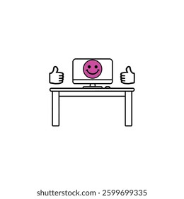 Positive Workspace Icon: Desk Setup with Pink Smiley Face Monitor and Thumbs-Up