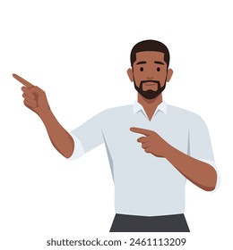 Positive Young black man looking at camera and pointing with two hands and fingers. Flat vector illustration isolated on white background