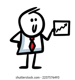 A positive young businessman tells his proposal and shows a graph of profit growth. Vector illustration of office style character in suit and red tie.