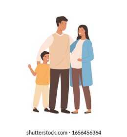 Positive young family mother, father and son vector flat illustration. Smiling pregnant woman hugging husband and little boy isolated on white. Happy cartoon people standing together