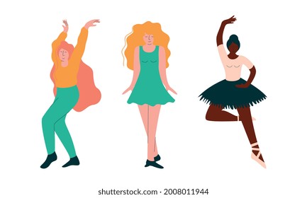 Positive Young Girl Dancing Moving Hands and Legs to Music Rythm Vector Set