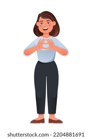 Positive young girl. Woman shows heart from fingers and smiles. Love, tenderness and care. Friendly and welcoming character. Gestures, emotions and expression. Cartoon flat vector illustration