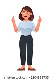 Positive Young Girl. Woman Shows Two Fingers. Peaceful, Cheerful And Friendly Character. Optimism, Mental Health And Psychology. Poster Or Banner For Website. Cartoon Flat Vector Illustration