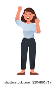 Positive young girl. Woman smiles and raises her fist up. Winner celebrates success. Poster or banner for website, reaction for messengers, Emotions and gestures. Cartoon flat vector illustration