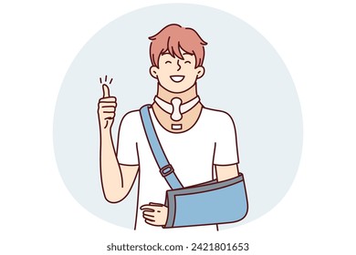 Positive young guy with broken arm shows thumb up as sign of gratitude to doctors. Optimistic man with orthopedic collar to support head necessary for rehabilitation after injury. Flat vector design