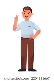 Positive young guy. Man shows two fingers and smiles. Welcoming and friendly character. Reaction for messengers. Emotions, gestures and expression. Mood and feelings. Cartoon flat vector illustration