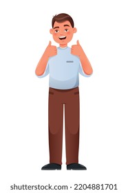 Positive young guy. Man shows two thumbs up and smiles. Happy character approves action, agrees. Graphic element for website. Positive and mental health concept. Cartoon flat vector illustration