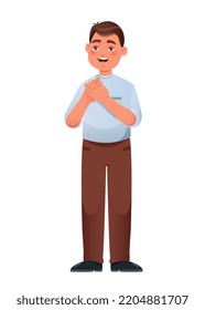 Positive young guy. Man smiles and rubs his hands rudely, gestures, emotions and expression. Graphic element for website. Model, pleasantly surprised character. Cartoon flat vector illustration