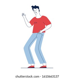 Positive young man in casual dancing and having fun. Full body of cartoon male dancer flat vector illustration. Entertainment, hobby, motion concept for banner, website design or landing web page