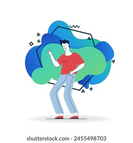 Positive young man in casual dancing and having fun. Full body of cartoon male dancer flat vector illustration. Entertainment, hobby, motion concept for banner, website design or landing web page