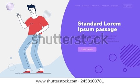 Positive young man in casual dancing and having fun. Full body of cartoon male dancer flat vector illustration. Entertainment, hobby, motion concept for banner, website design or landing web page