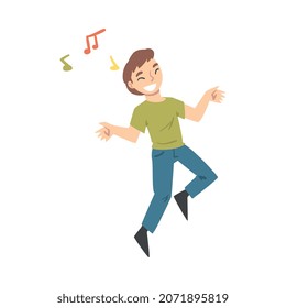 Positive Young Man Dancing Moving Hands and Legs to Music Rythm Vector Illustration