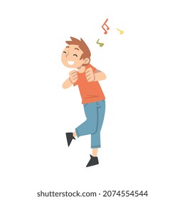 Positive Young Man Dancing Moving Hands and Legs to Music Rythm Vector Illustration