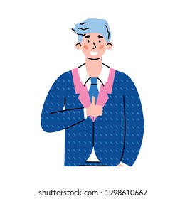 Positive young man gesturing of okay sign. Happy cheerful male character showing of gesture thumb up expressing positive emotions and approval. Flat vector isolated illustration.