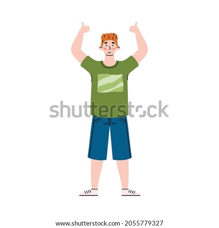 Positive young man up hands gesturing of ok sign. Happy cheerful male character showing of gesture thumb up expressing positive emotions. Flat vector isolated illustration.
