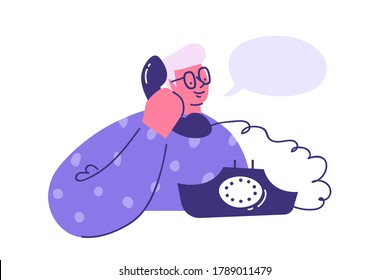 Positive young man speaking on the retro phone. Operator and customer. Technical support concept. Vector illustration in flat design.