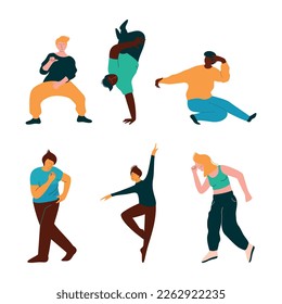 Positive Young Man and Woman Dancing Moving Hands and Legs to Music Rythm Vector Set