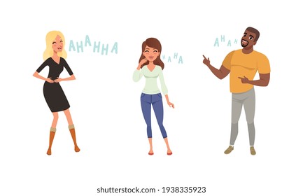 Positive Young Man and Women Laughing out Loudly Set, Happy People Having Fun Cartoon Vector Illustration