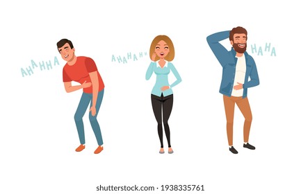 Positive Young Men and Woman Laughing out Loudly Set, Happy People Bursting with Laughter Cartoon Vector Illustration