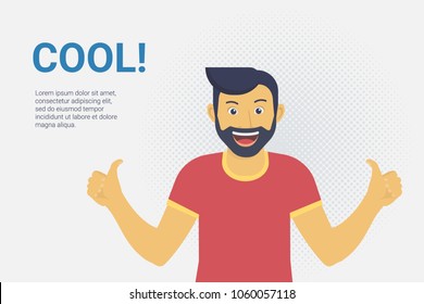 Positive young smiling guy making thumbs up with both hands. Flat vector illustration of positive mood and happy teenage emotions for social networks banners and events promo