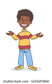 Positive young toothy smiling afro-american schoolboy with arms wide standing isolated on white. Cute happy cartoon boy character shrugging. Back to school and education. Vector flat illustration